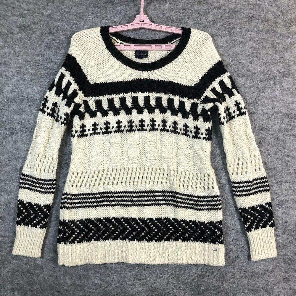 American Eagle Pullover Sweater Ladies Small Ivory Black Acrylic Wool Blend